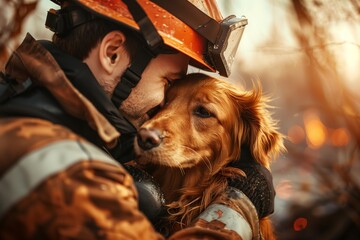 A fireman tightly hugs a golden retriever dog that he rescued from a fire. Hero rescued pet, pet protection, safety. Firefighters Day - obrazy, fototapety, plakaty
