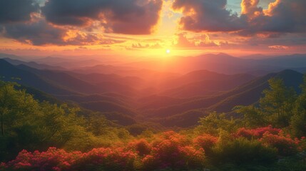 Fototapeta na wymiar Generative AI image of hiking in the mountains of North Carolina. Golden hour.
