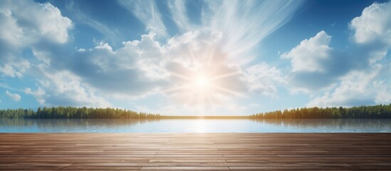 A wooden floor stretches out towards a serene lake under a sunny sky with white clouds. The wooden planks lead the eye towards the calm waters in the distance. - Powered by Adobe