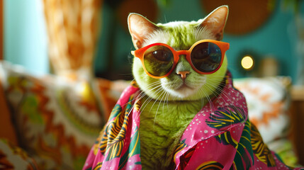 A vibrant lime green cat sporting oversized sunglasses and a tropical print sarong, ready for a day of adventure and exploration in the summer sun. - obrazy, fototapety, plakaty
