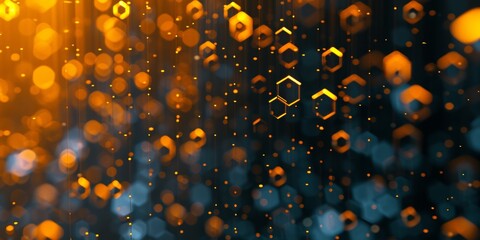 Generative AI image of a black background with shining yellow and orange hexagons in the style of...