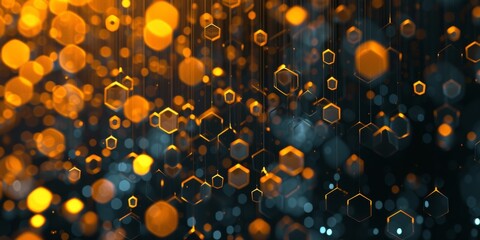 Generative AI image of Shining yellow and orange hexagons on a black background in the style of...