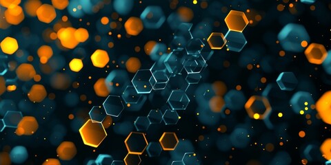 Generative AI image of Shining hexagons in a yellow and orange glow on a black background, Abstract...