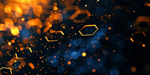 Generative AI image of a black background with yellow and orange hexagons shining in the light, in...