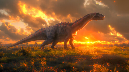 Dinosaur in the field at sunset