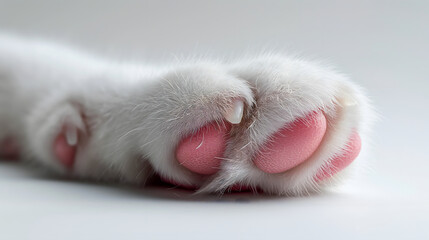 White cat paw with pink nails on white background, close-up