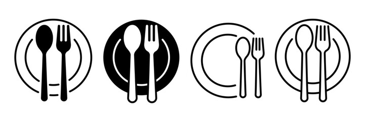 Set menu catering, restaurant, spoon, fork, knife and plate icon set in line. Tableware Vector illustration