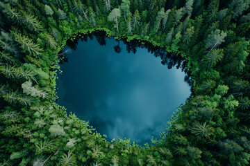 Aerial view of a forest with a lake in the middle for text