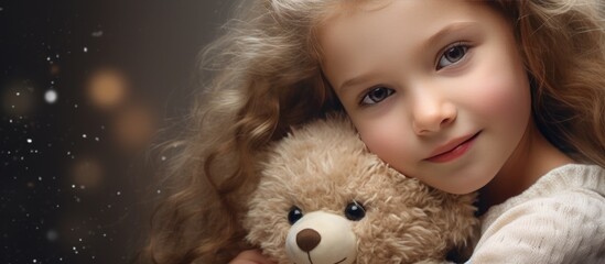 A young girl embraces a teddy bear close to her chest by a festive Christmas tree. She is smiling and looking affectionately at the toy in her arms.