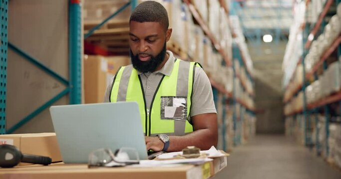 Man, laptop and logistics checklist in warehouse, technology and research on shipping solutions. African worker, pc or email for online order fulfillment in ecommerce or productivity in distribution