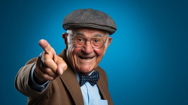 Generative AI image of a caring and loving grandfather expressing yes with hand gesture, in calming light blue studio background