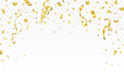 Abstract background party celebration gold confetti. Falling shiny golden confetti isolated on transparent background. Christmas, New Year, Carnival festivity, Valentine’s Day, Birthday, Holiday. - obrazy, fototapety, plakaty