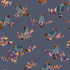 Naklejka premium vector seamless pattern with drawing birds and tree branches with leaves, hand drawn waxwings, set of isolated nature design elements