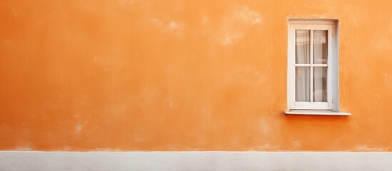 Fototapeta premium An orange building with a white vintage window stands prominently, complemented by a simple bench in front. The contrast between the bright orange facade and the pristine white window creates a
