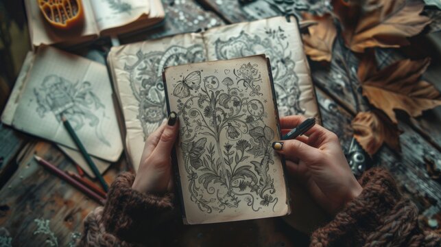 An image of a pair of hands holding a sketchbook filled with intricate pencil drawings and doodles showcasing someones creativity and artistic skills.