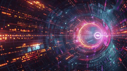 An abstract design symbolizing the complex ecosystem of AI governance, with various forces and stakeholders interacting, neon tone, digital graphic technology style.