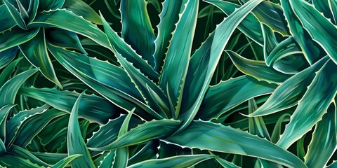 Naklejka na ściany i meble Background Texture Pattern Aloe Vera Design a pattern centered around the cel-shaded aloe vera plant. Highlight its thick, succulent leaves green white accents created with Generative AI Technology