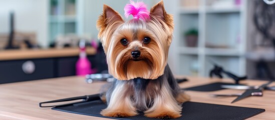 A small Yorkshire Terrier is seated on top of a grooming table, with a female groomer in the process of giving the dog a haircut using scissors at a beauty salon for dogs.