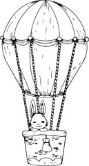 Hand drawn rabbit on hot air balloon illustration on transparent background.