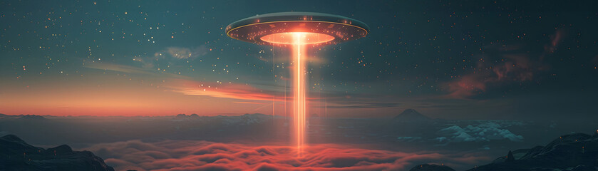 70s Sci-Fi Mushroom-Shaped UFO Illuminating Foggy Mountain Sky with a Red Laser Beam