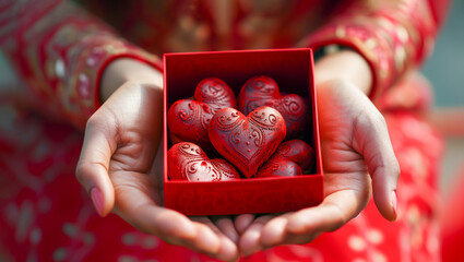 Box of Red Chocolate Sweets, Dessert in Shape of Heart in Hands of Indian Asian Woman Wearing Red National Dress. St. Valentine's Day or Wedding. Love, February, 14 AI Generated Horizontal.