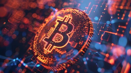 Bitcoin Logo Illuminated by Glowing Lines and Data Streams, Representing the Innovative and Decentralized Nature of Blockchain Technology