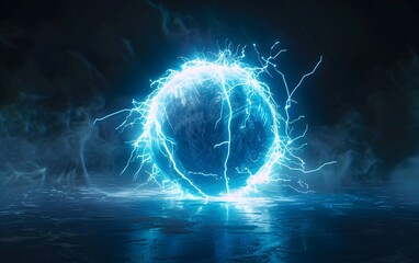 Blue Lightning Sphere Glowing with High Energy in Mysterious Dark Foggy Environment - obrazy, fototapety, plakaty