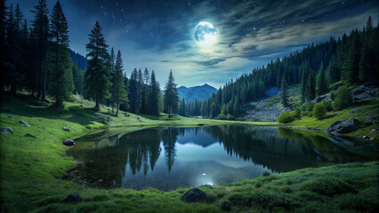 Fototapeta na wymiar Night lake in a forest in the mountains on a grassy area with low greenery. The moon sets the lake on fire