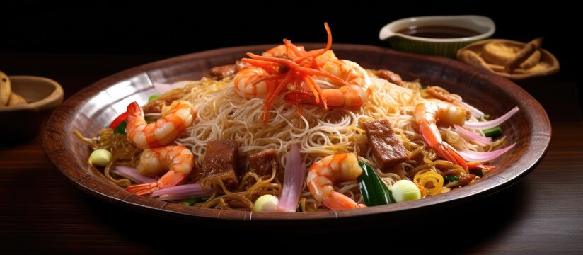 A plate filled with Pancit Canton noodles, topped with succulent shrimp, and garnished with fresh vegetables, creating a flavorful and satisfying meal.