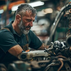 Confident 50-years old man with a prosthetic limb working in a car repair shop, he is professional, engaged in work-related tasks - obrazy, fototapety, plakaty