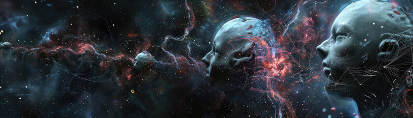 Mysterious Encounter of Digital Minds in Cosmos - obrazy, fototapety, plakaty