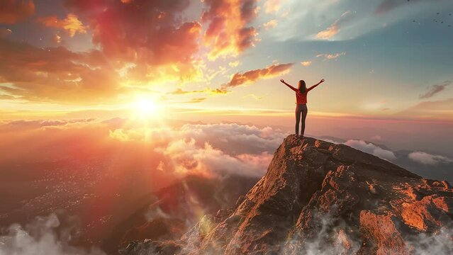 Freedom Success And Ambition Concept. A Woman Stand Up In A Summit Watching Sunrising. Seamless Looping Overlay 4k Virtual Video Animation Background