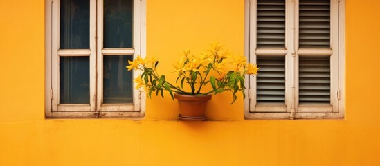 A vintage potted plant with yellow flowers is placed in front of a window with two panes, against a yellow wall on a street side. The plant adds a pop of color and nature to the urban setting.