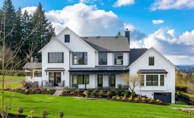  white modern farmhouse with black accents, nestled in the Pacific Northwest landscape. The house has large windows and traditional shutters on both side walls, overlooking lush green grass, trees, an