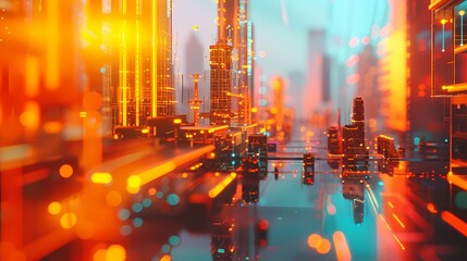 Obraz premium Digital technology futuristic city street scene abstract graphic poster web page PPT background with generative