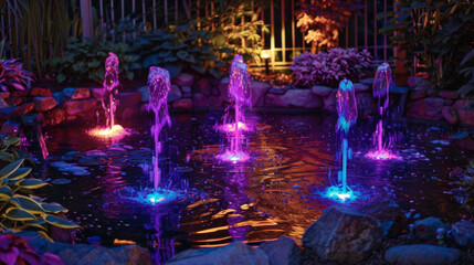 A set of colorchanging spotlights installed in a backyard pond creating a mesmerizing display of light and water in the evening.