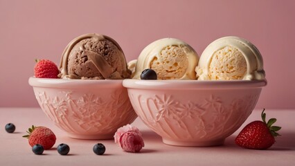 diffrent flawer ice-cream scopes in bowl isolated on light pink background