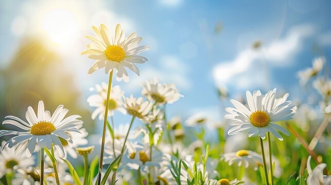 A beautiful, sun-drenched spring summer meadow. Natural colorful panoramic landscape with many wild flowers of daisies against blue sky. A frame with soft selective focus., generative ai, 