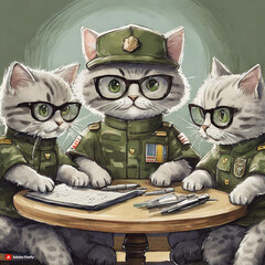 하얀 고양이 군대 무리가 회의를 하는 모습 - obrazy, fototapety, plakaty