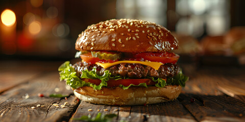 'Beef Burger Homemade, Delicious Flame Burger Spree Background  - obrazy, fototapety, plakaty