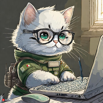 하얀색 안경잡이 군인고양이가 열일하는 모습