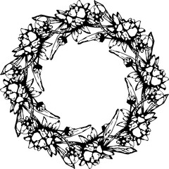 Hand drawn flower wreath illustration on transparent background.