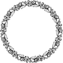 Hand drawn flower wreath illustration on transparent background.