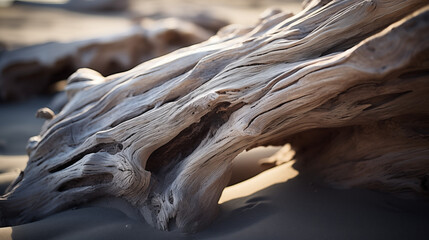 Sunlit Driftwood Texture on Sandy Beach
