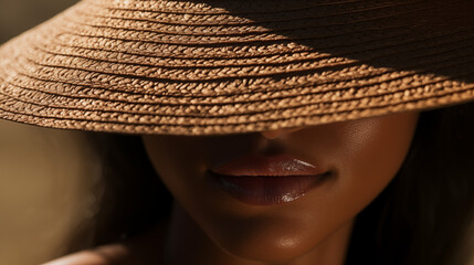 Close-Up of Woman's Lips in the Shadows of a Straw Hat