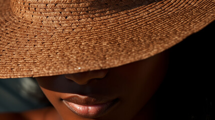 Close-Up of Woman's Lips in the Shadows of a Straw Hat
