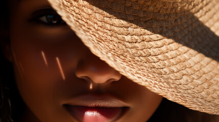 Enigmatic Woman's Gaze Under Straw Hat Shadow