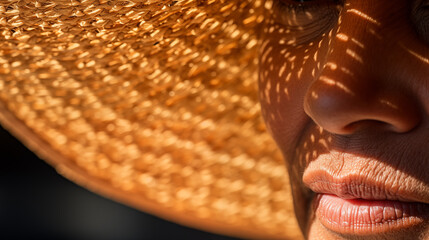 Shadow Patterns from Straw Hat on Woman's Face