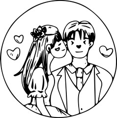 Hand drawn romantic couple cartoon illustration on transparent background.