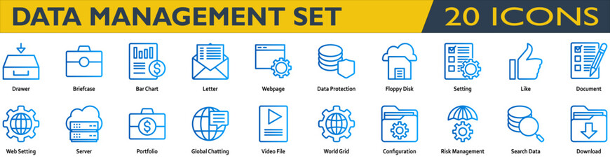 Accounting icon set. Containing Drawer,Briefcase,Bar Chart,Letter,Webpage,Data Protection,Setting,Like,Document,Web Setting,Portfolio,Risk Management. line gradient style